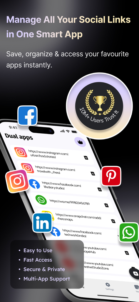 Parallel Space 2026 - Captura de pantalla de la aplicación Parallel Space 2026 que muestra la interfaz de gestión de cuentas duales para enlaces de redes sociales en un iPhone