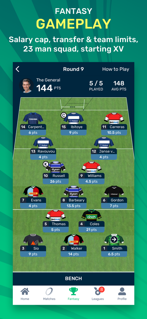Superbru Rugby app fantasy gameplay screen showing a starting fifteen lineup on a virtual pitch with player points and scores.