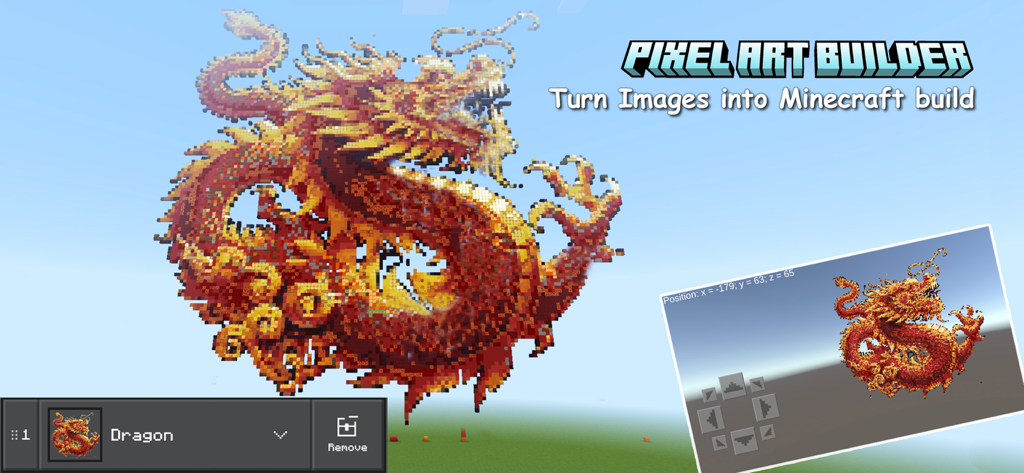PixelArt Builder for Minecraft - Un grand dragon rouge en pixel art créé dans un monde Minecraft à l'aide d'un outil convertisseur d'images en blocs.