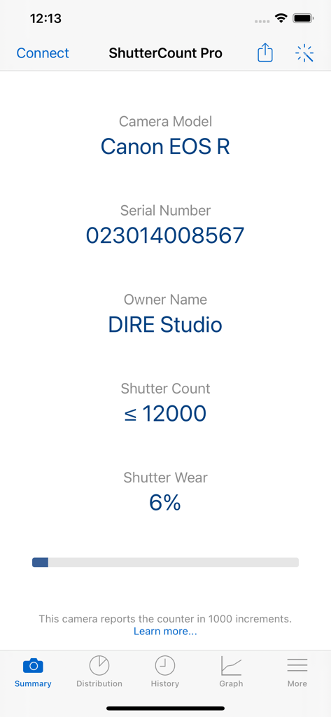 ShutterCount Pro Mobile app interface showing shutter count and wear percentage for a Canon EOS R camera