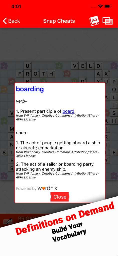 Snap Cheats - for Word Chums - Snap Cheats app displaying the dictionary definition of the word boarding over a Word Chums game board.
