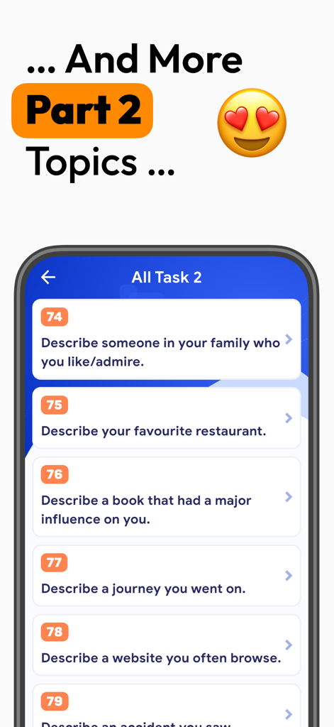 IELTS Speaking Topics - A list of practice topics for IELTS Speaking Part 2 within the mobile app.
