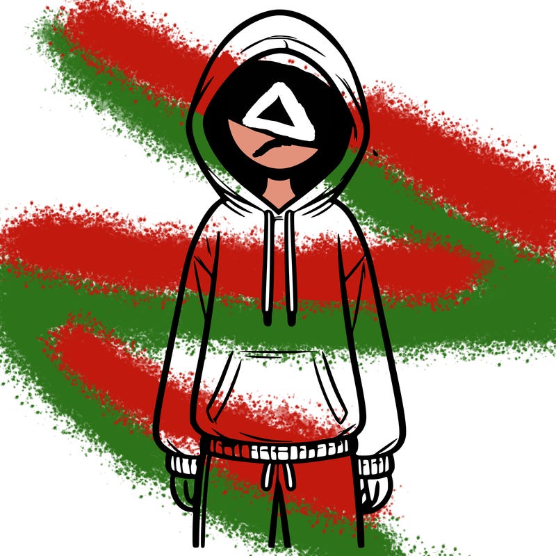 faceless girl in a tracksuit with a hood on and no hair