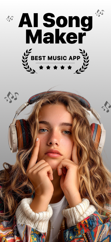 AI Music Generator : AI Songs - Una mujer joven con auriculares en una pantalla promocional para la aplicación de generador de música AI Song Maker