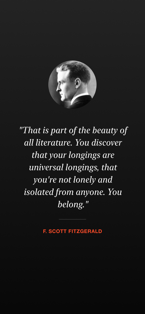 An aesthetic quote card featuring F Scott Fitzgerald with a quote about the universal beauty of literature