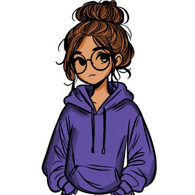 teen girl with a messy bun and glasses wearing a loose hoodie and jeans