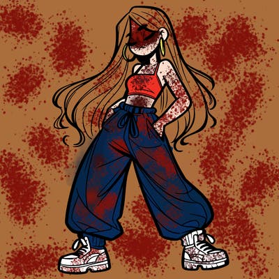 girl in baggy pants crop top and long hair