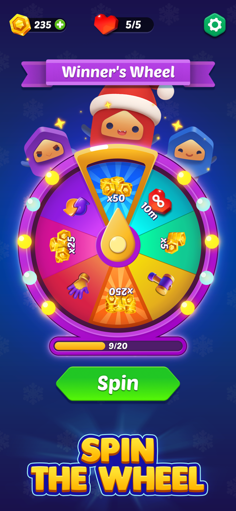 A colorful spin the wheel rewards screen in HexaGo Sorting Puzzle featuring coins and power up prizes