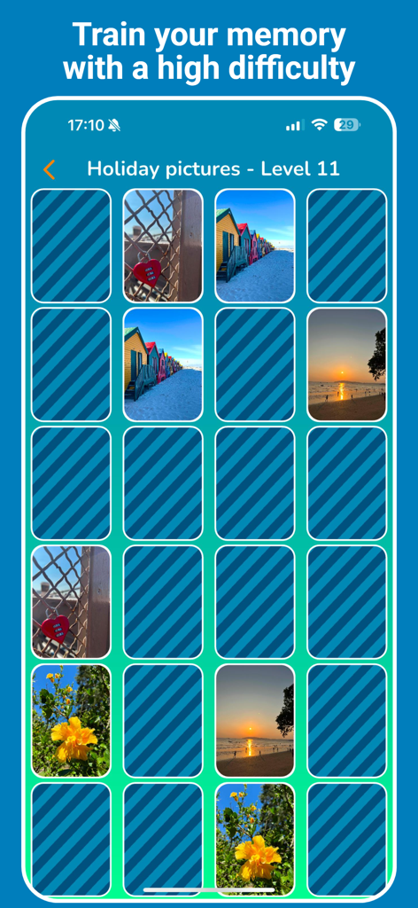 Photo Match Game - Un nivel de alta dificultad en la aplicación Photo Match Game con una cuadrícula de fotos personales temáticas de vacaciones para el entrenamiento de la memoria.