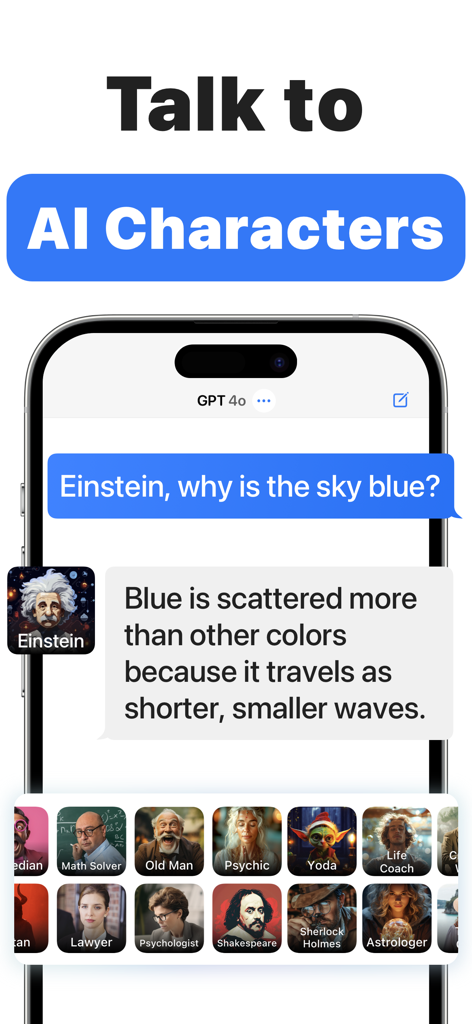 Smartphone-Bildschirm zeigt einen Chat mit einem KI-Einstein-Charakter und eine Auswahl verschiedener KI-Personas