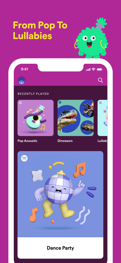 Spotify Kids - Spotify Kids mobile app interface showing curated music playlists for children