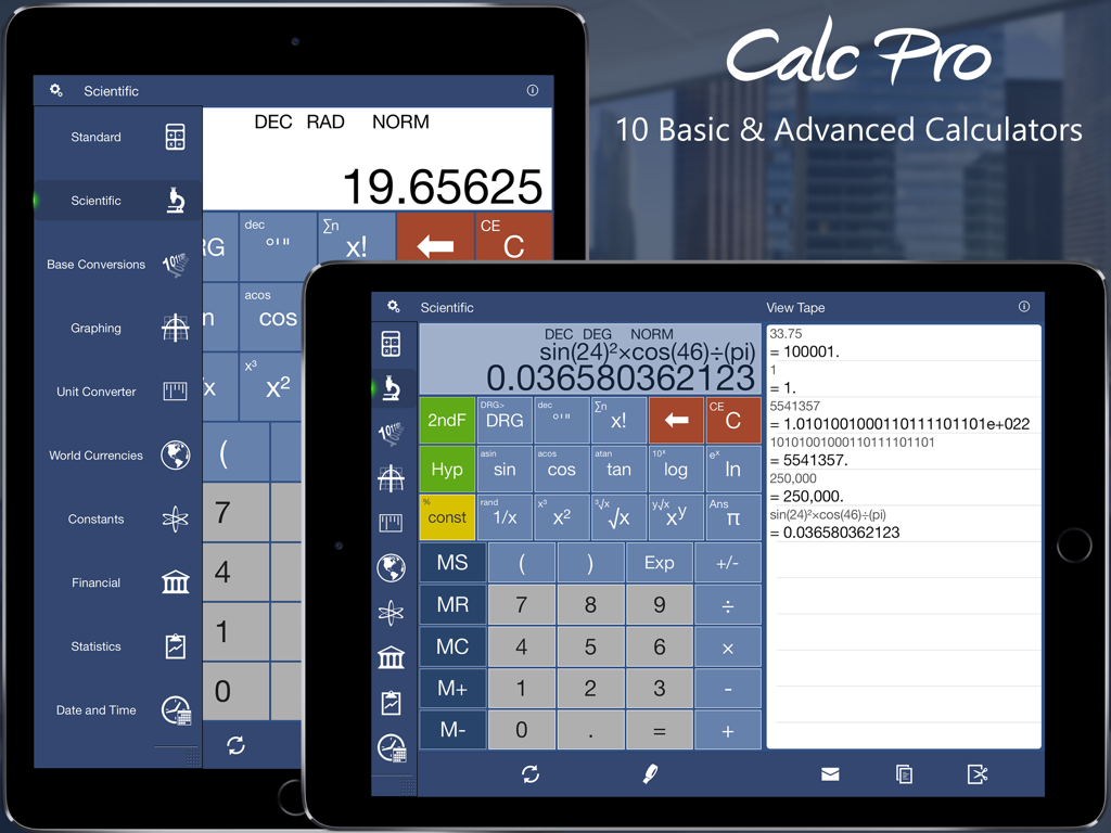 Calc Pro HD - Top Calculator! - Calc Pro HD scientific calculator interface on iPad showing calculation history and various calculator modes