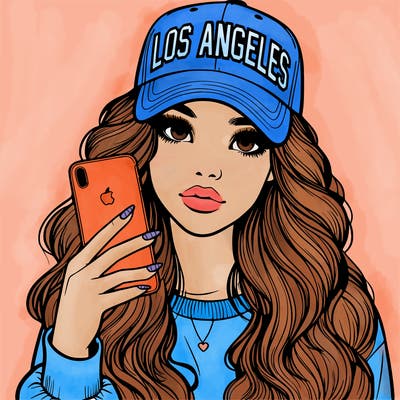 realistic beautiful girl wearing los ángeles cap holding an iphone
