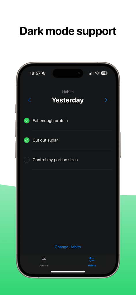 Simple Food Tracker - Simple Food Tracker mobile app interface in dark mode showing habit tracking with checkable items like eat enough protein and cut out sugar