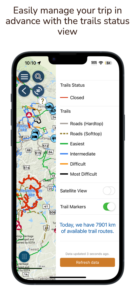 A screenshot of the QuadON mobile app displaying a trail status legend and interactive map for ATV trail planning.