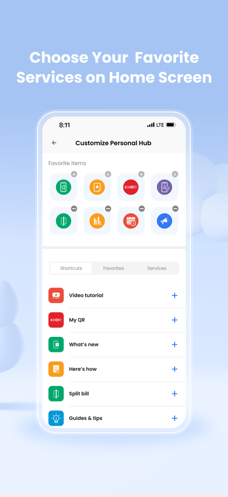 Interface of the Vattanac Bank mobile app showing how to customize the personal hub with favorite services on the home screen.