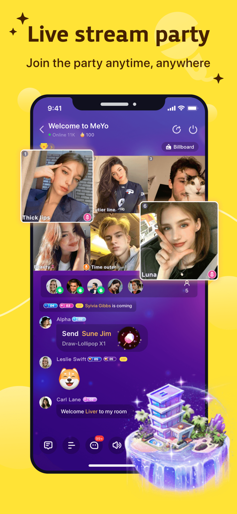 Interfaz de la aplicación MeYo con una fiesta grupal en vivo con video chat y regalos virtuales