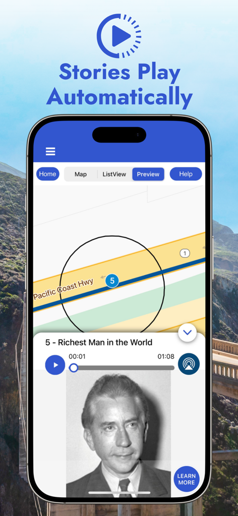 A smartphone showing the Pacific Coast Highway 1 Guide app interface with a map and a location based audio story playing automatically.