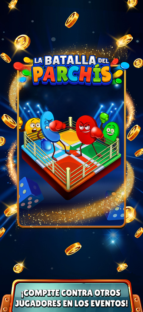 Un minijuego competitivo de Parchís con piezas de juego de colores en un ring de boxeo con un fondo estrellado oscuro y monedas doradas.