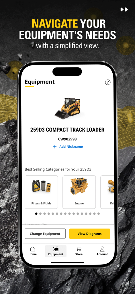 Cat® Central - Application mobile Cat Central affichant les détails de l'équipement pour un train de roulement compact avec des options pour parcourir les catégories de pièces et afficher les diagrammes.