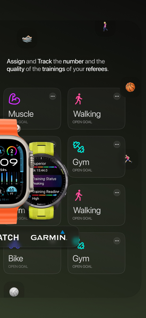 Ref House Org - Referees app - Ref House app interface showing referee training assignments and smartwatch health data integration