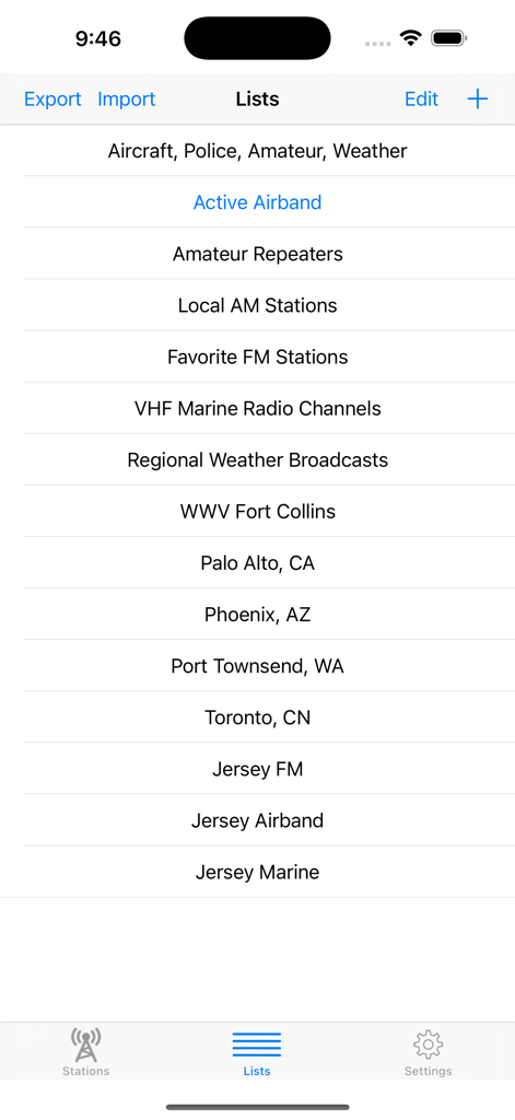 SDR Receiver app screen showing organized lists of radio stations including airband amateur repeaters and local AM stations