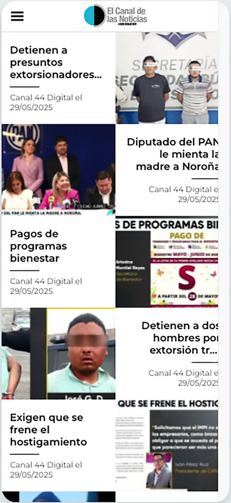 Canal 44 Digital mobile app interface showing a feed of local news articles and headlines in Spanish