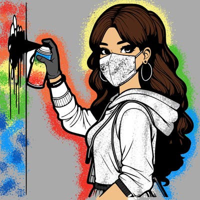 realistic girl with mask spray painting a wall