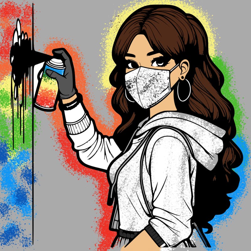 realistic girl with mask spray painting a wall