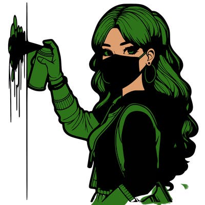 realistic girl with mask spray painting a wall