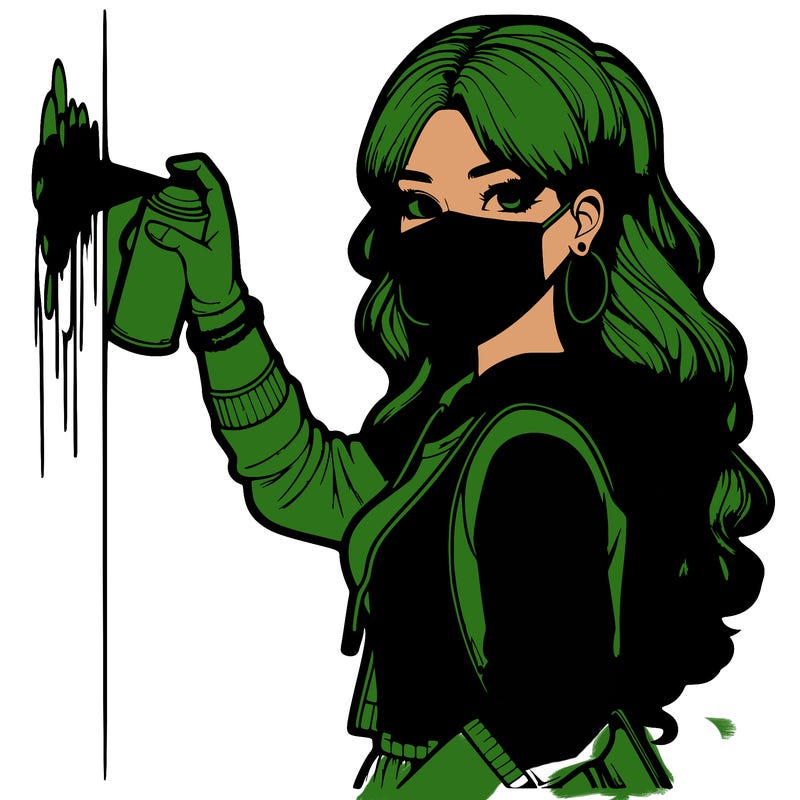 realistic girl with mask spray painting a wall