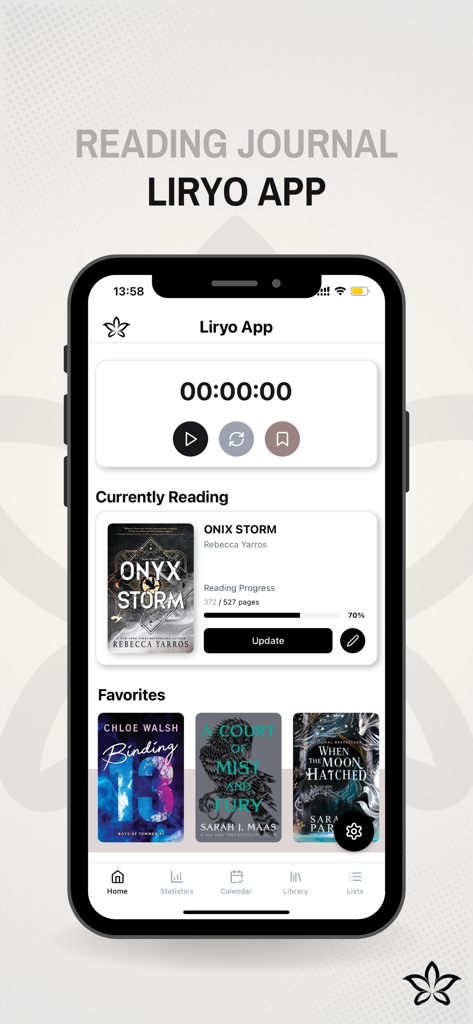 Liryo: Reading Journal - Pantalla de inicio de la aplicación Liryo que muestra el temporizador de lectura y el seguimiento del progreso del libro