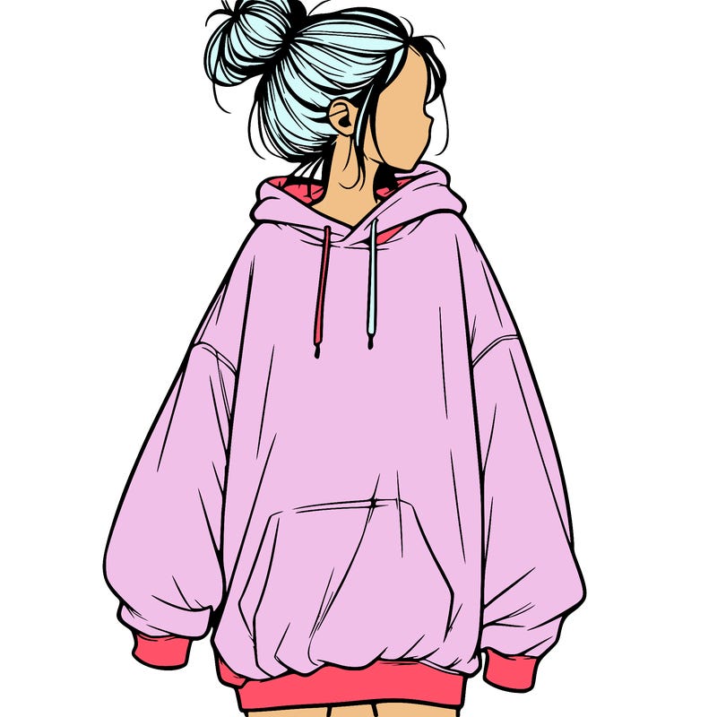realistic girl with a oversized sweatshirt on and a bun