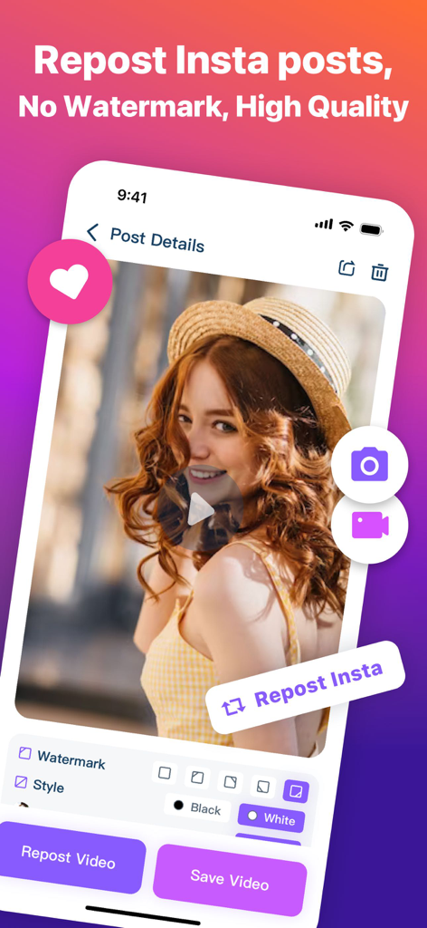Interfaccia dell'app Repost for Instagram che mostra opzioni per ripostare e salvare media di alta qualità senza watermark