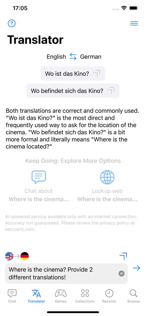 Nouns German Dictionary - A screenshot of the Nouns German Dictionary app translator interface showing English to German translations with detailed grammar explanations.