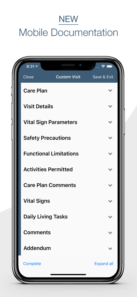Axxess HomeCare - A mobile screen showing documentation categories for a custom home care visit including care plan and vital signs
