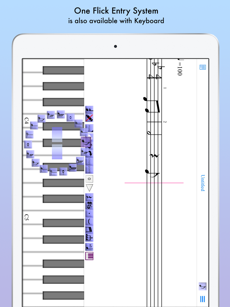 iWriteMusic Pro SE - Aplicación de escritura musical que muestra un teclado de piano y el sistema de entrada "one flick" para notas