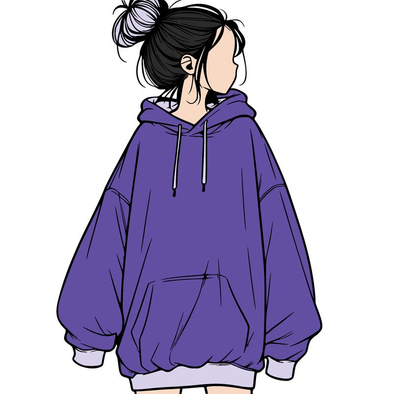 realistic girl with a oversized sweatshirt on and a bun