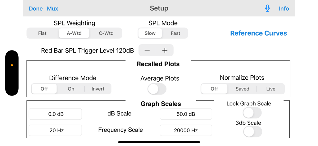 SoundScope VR - Professional audio analysis setup menu showing SPL weighting and graph scale settings in SoundScope VR
