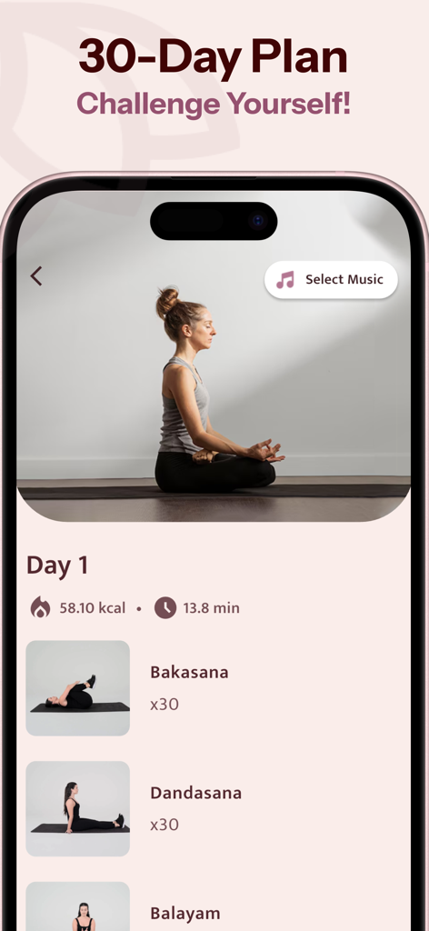 Yoga for Beginners - Workout - 운동 통계와 바카사나와 같은 특정 자세가 있는 초보자를 위한 30일 요가 챌린지를 표시하는 스마트폰 화면