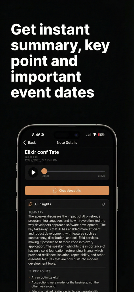 Viska: Local AI Meeting Notes - Viska app interface displaying an AI generated meeting summary and key points