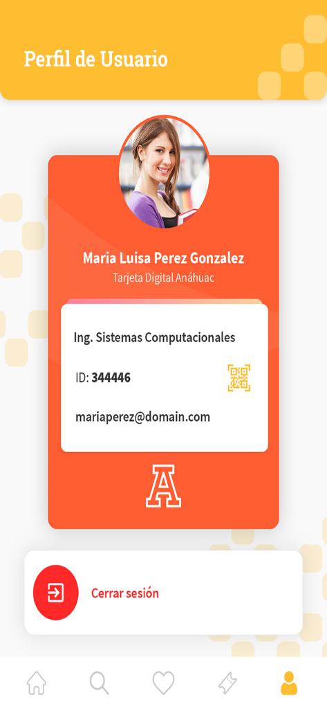 Pantalla de perfil de usuario de la app Vida Anahuac que presenta una tarjeta de identificación digital de estudiante con foto e información académica