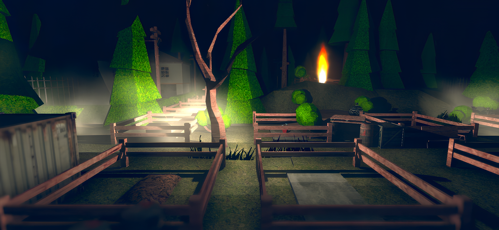 99 nights in the Scary forest - Una escena nocturna atmosférica en el juego Bosque Tenebroso con árboles de baja poligonización, vallas de madera e iluminación inquietante.