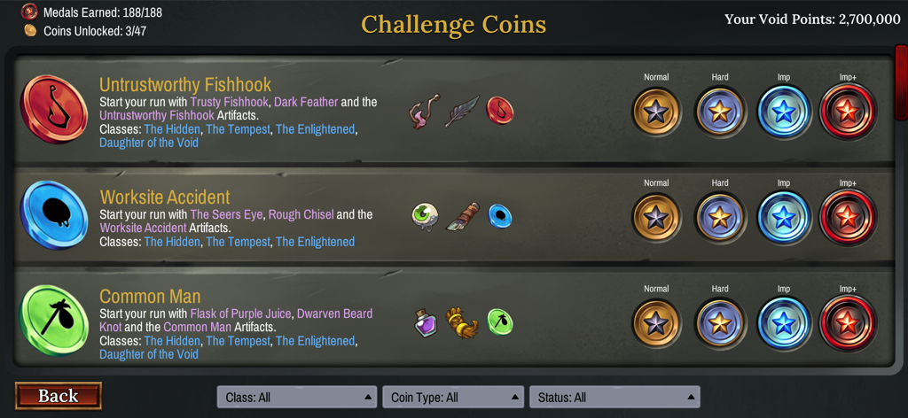 Vault of the Void - The Challenge Coins menu in Vault of the Void showing various game challenges and difficulty levels
