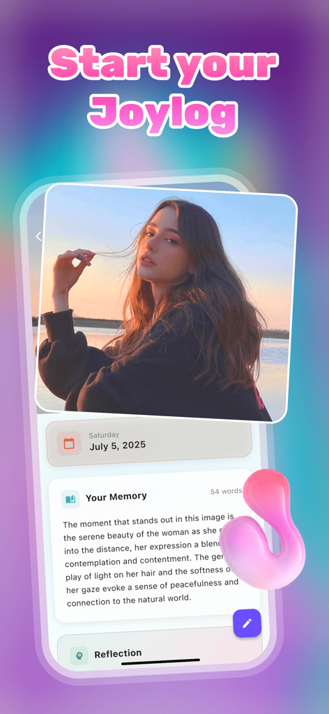 JoyLog app showing a journal entry with a photo and reflection text