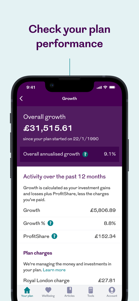 Royal London - Royal London app growth screen showing overall pension savings performance and annualised growth percentage
