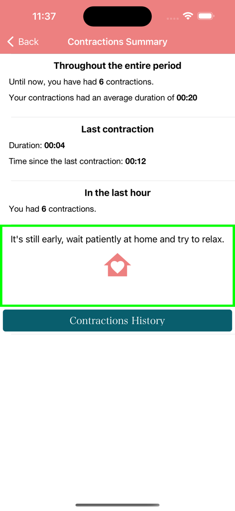 Contraction timer summary screen showing labor tracking data and advice to stay at home
