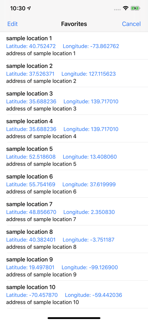 List of saved favorite locations with latitude and longitude coordinates in iLocation+ app