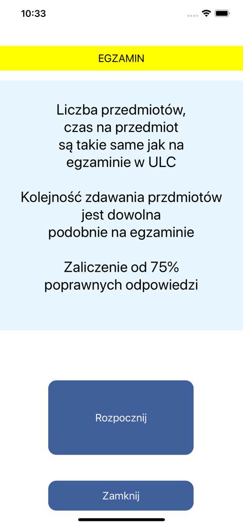 Exam mode screen of the Egzamin ULC SPL app displaying test rules and a start button.