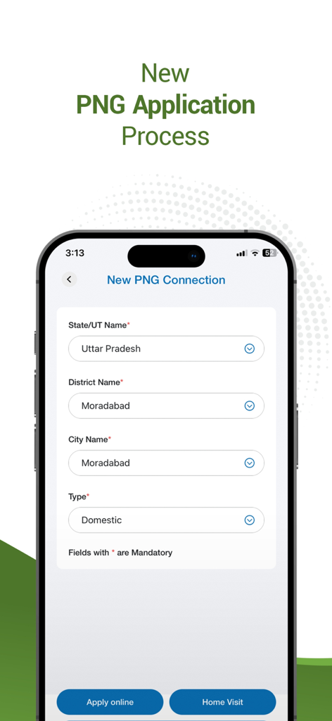 Torrent Gas Connect app interface showing the new domestic PNG connection application form